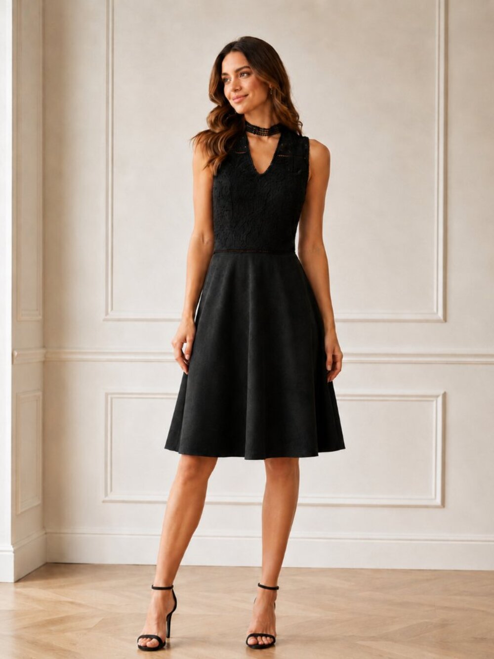 Alya Black Lace Choker Dress Size Small Sleeveless Faux Suede Bottom